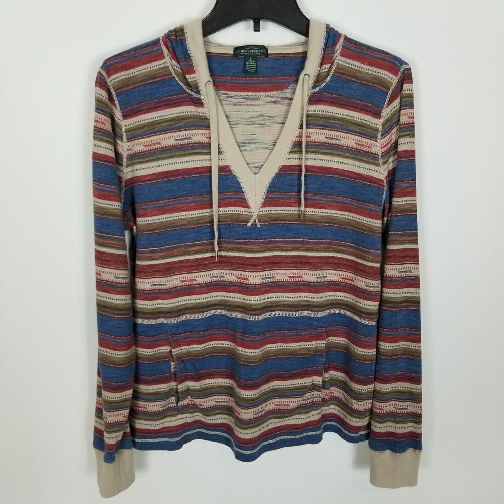 Lauren Ralph Lauren Women Tribal Aztec Hoodie‎ Size L Striped Long Sleeve